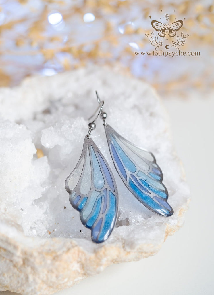 Handmade Stained glass inspired Ice fairy wing earrings - 13th Psyche