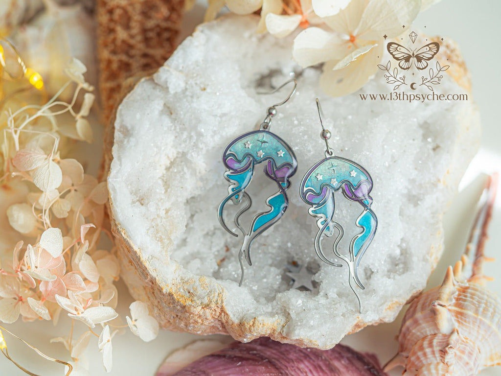Handmade Stained glass inspired Jellyfish Earrings - 13th Psyche