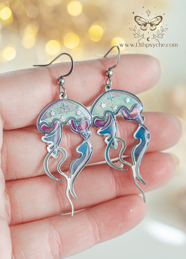 Handmade Stained glass inspired Jellyfish Earrings - 13th Psyche