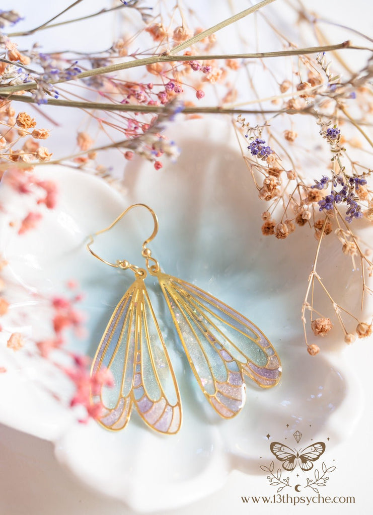 Handmade Stained glass inspired white dragonfly wing earrings - 13th Psyche