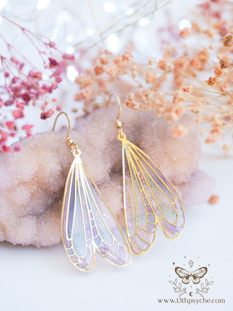 Handmade Stained glass inspired white dragonfly wing earrings - 13th Psyche