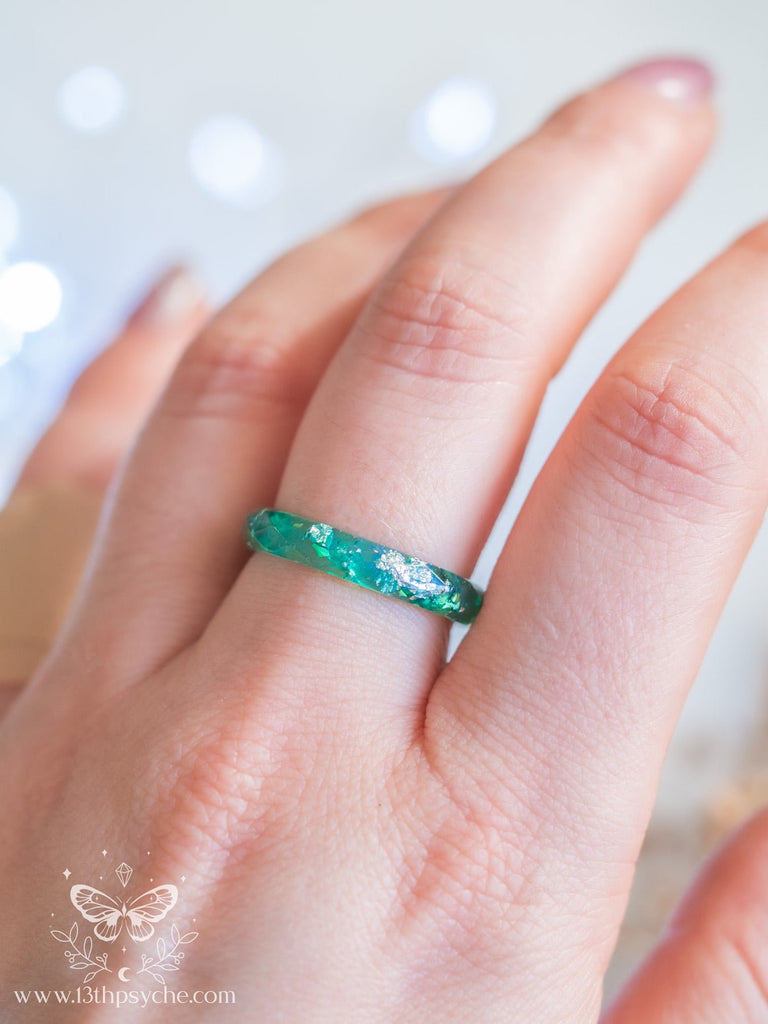 Handmade Turquoise Faceted Resin Ring with Silver Flakes - 13th Psyche