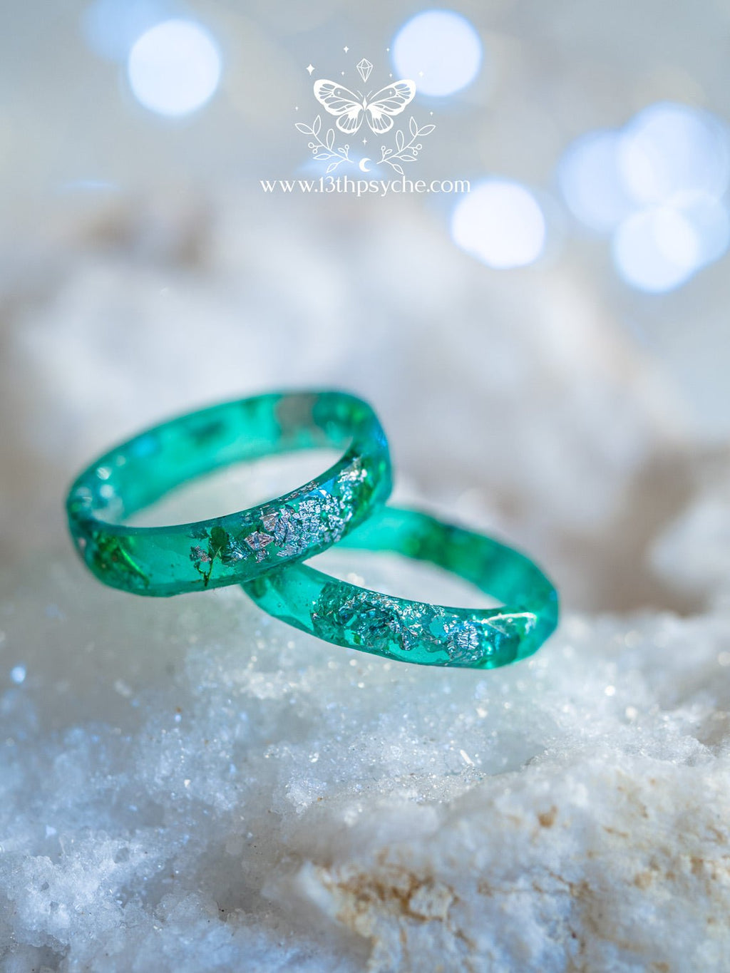Handmade Turquoise Faceted Resin Ring with Silver Flakes - 13th Psyche