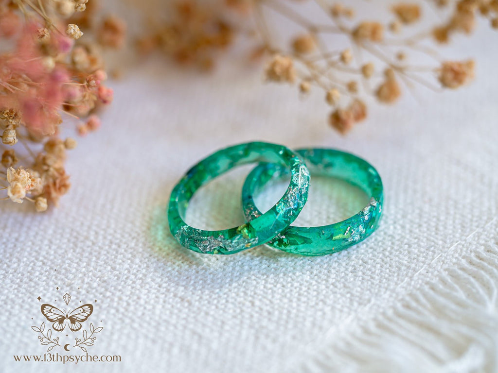 Handmade Turquoise Faceted Resin Ring with Silver Flakes - 13th Psyche