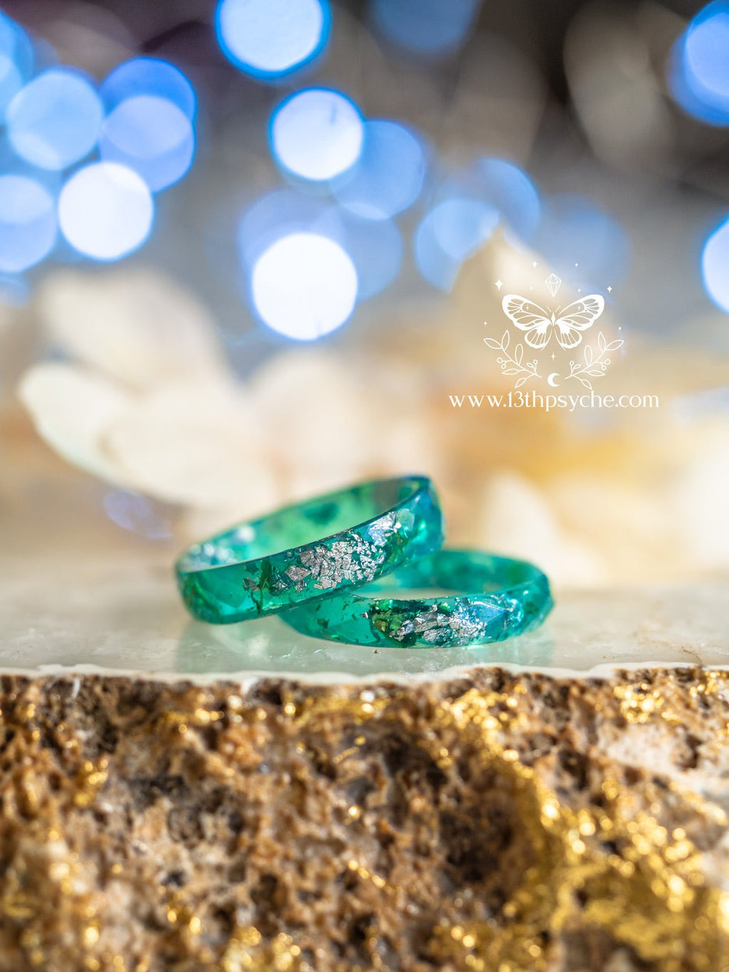Handmade Turquoise Faceted Resin Ring with Silver Flakes - 13th Psyche