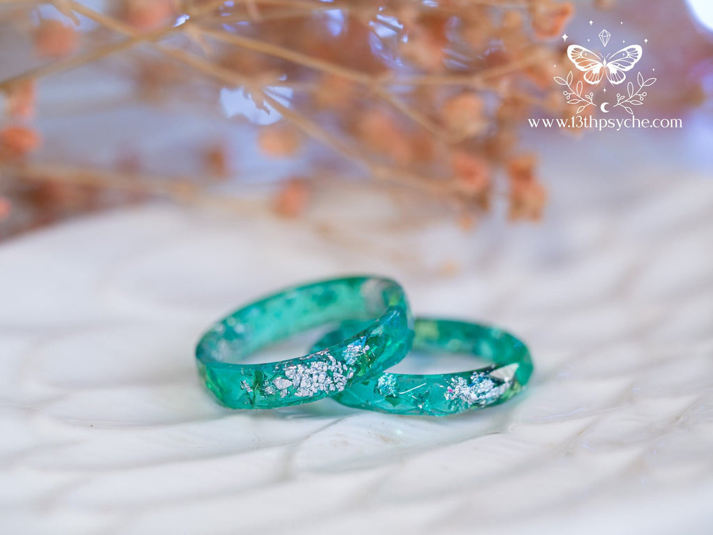 Handmade Turquoise Faceted Resin Ring with Silver Flakes - 13th Psyche