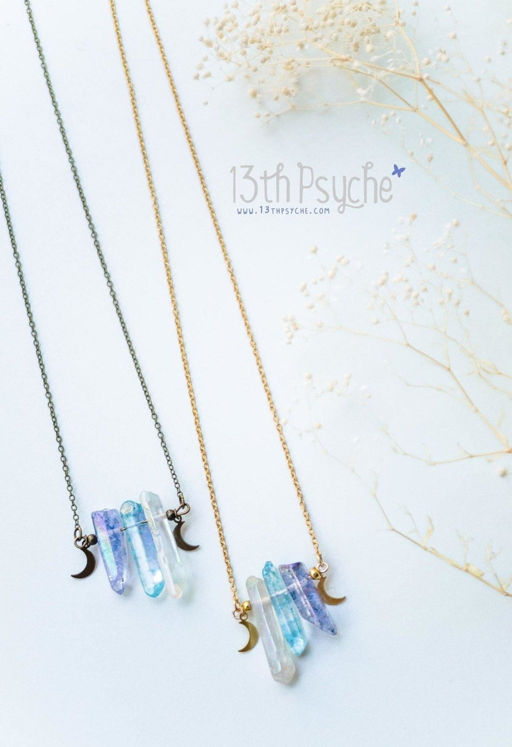 Handmade 3 polished crystal quarz necklace with tiny moons - 13th Psyche