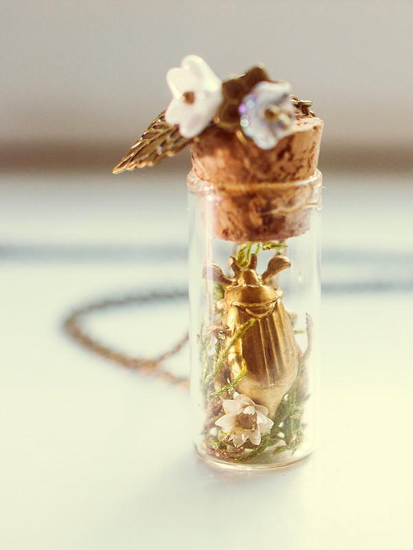 Handmade Golden beetle bottle pendant necklace - 13th Psyche