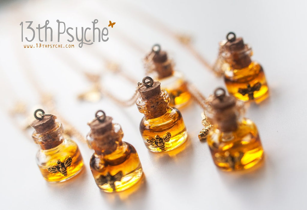 Handmade Honey bee and honeycomb bottle necklace - 13th Psyche