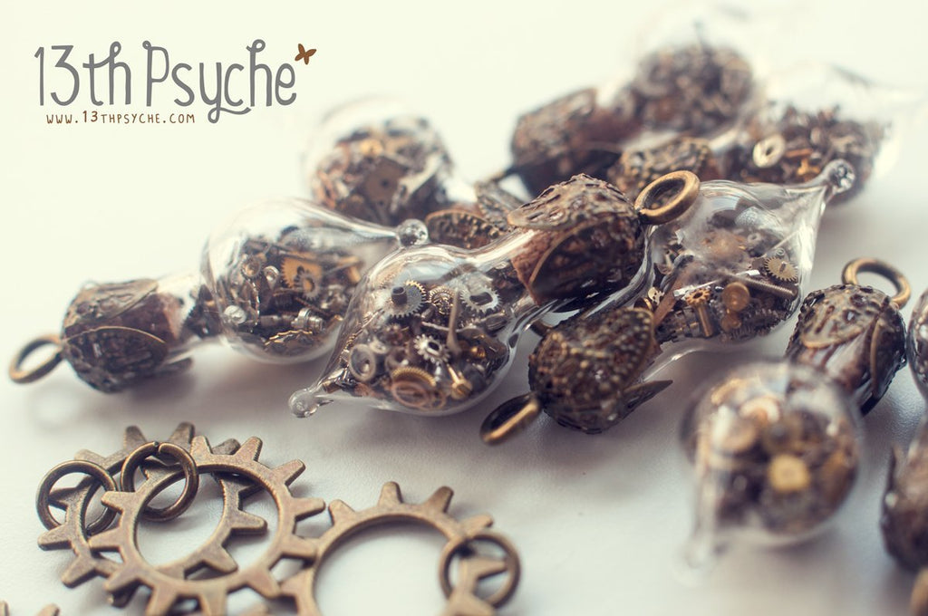 Handmade Steampunk gears teardrop vial pendant necklace - 13th Psyche