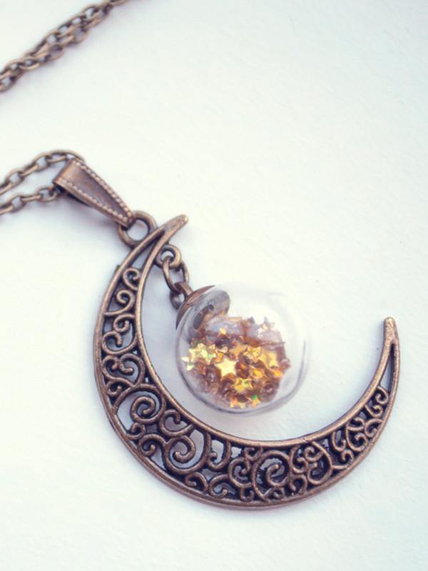 Handmade Bronze crescent moon globe necklace with glitter stars - 13th Psyche