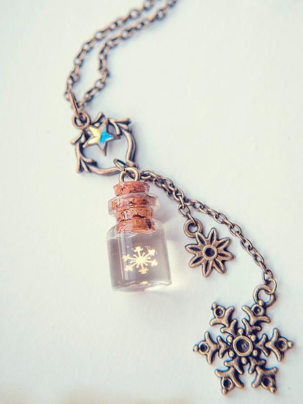 Handmade Golden snowflake glass bottle pendant necklace - 13th Psyche