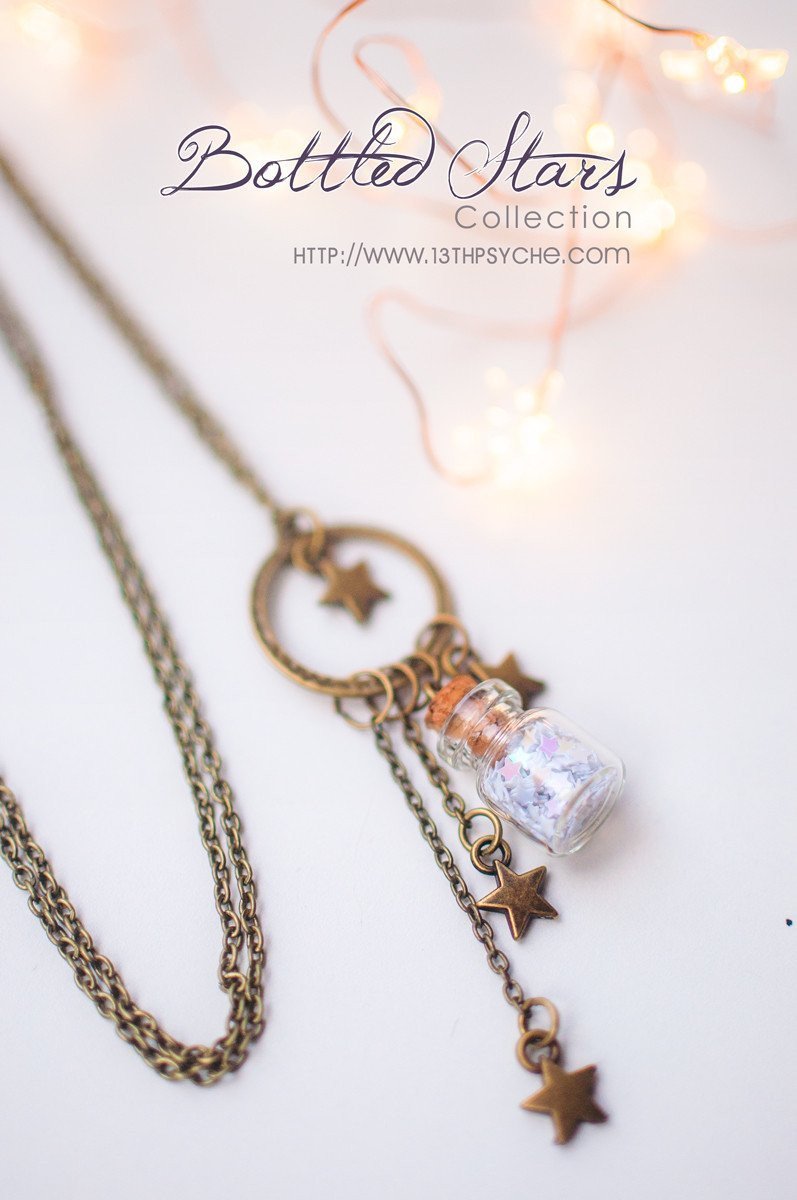 Handmade Tiny stars glass bottle pendant necklace - 13th Psyche