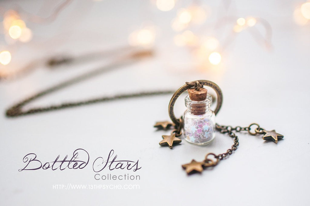 Handmade Tiny stars glass bottle pendant necklace - 13th Psyche