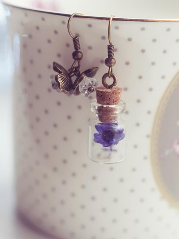 Handmade Real dried flower glass bottle earrings - 13th Psyche