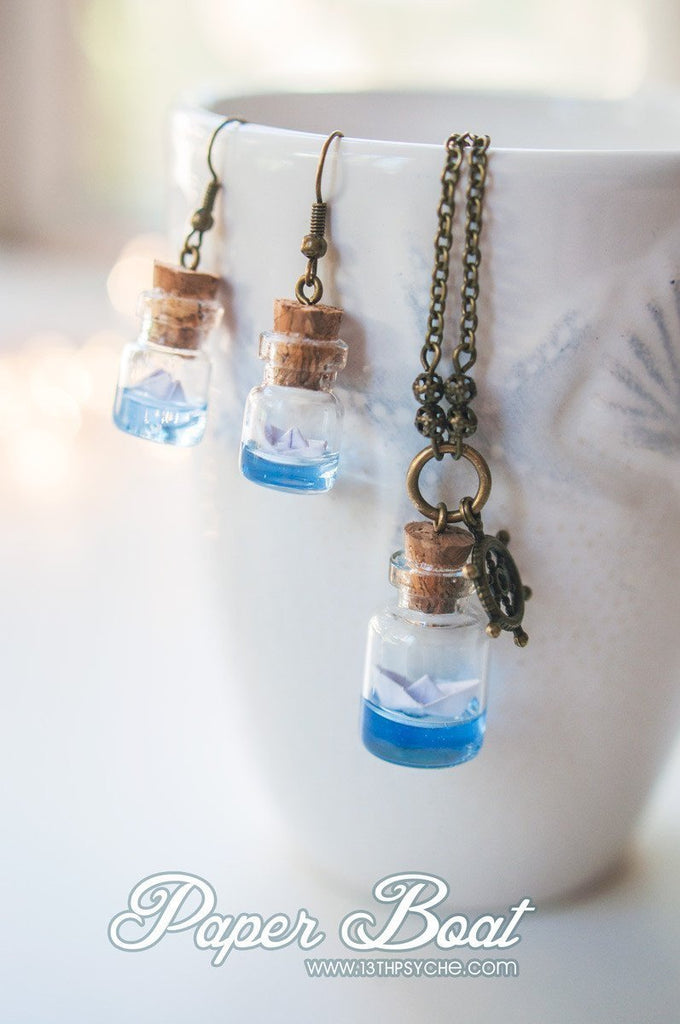 Handmade Ocean inspired, paper boat bottle earrings - 13th Psyche