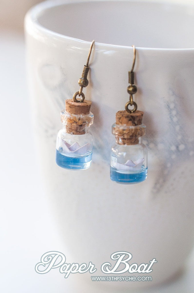 Handmade Ocean inspired, paper boat bottle earrings - 13th Psyche