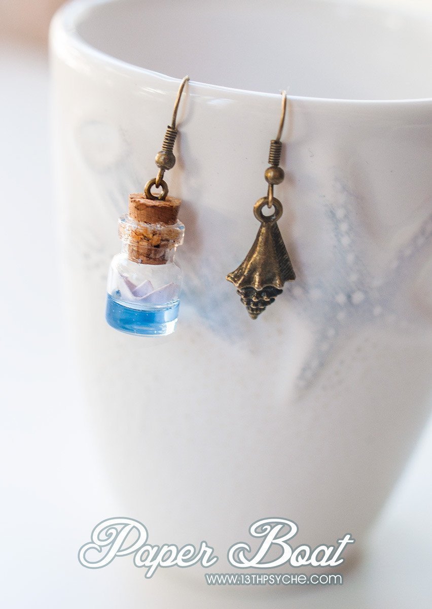 Handmade Ocean inspired, paper boat bottle earrings - 13th Psyche