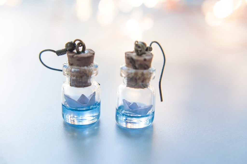 Handmade Ocean inspired, paper boat bottle earrings - 13th Psyche