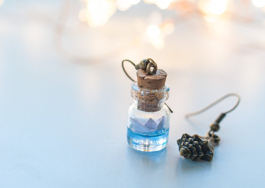 Handmade Ocean inspired, paper boat bottle earrings - 13th Psyche