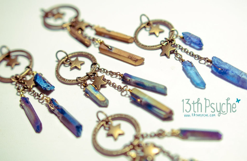 Handmade Dreamcatcher raw quartz crystal point pendant necklace - 13th Psyche