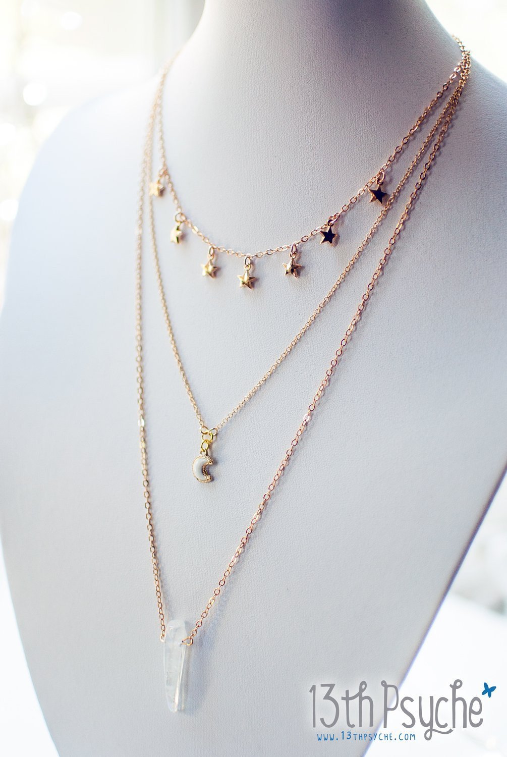 Handmade Moon, stars and quartz triple layered necklace set - 13th Psyche