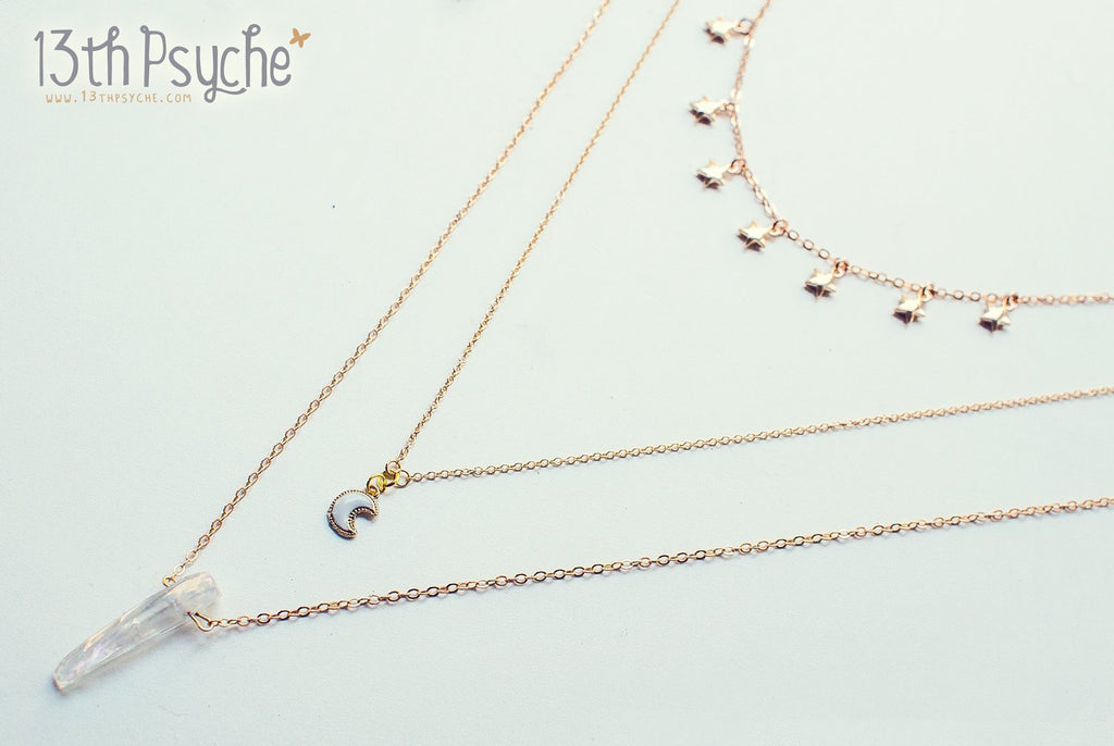 Handmade Moon, stars and quartz triple layered necklace set - 13th Psyche