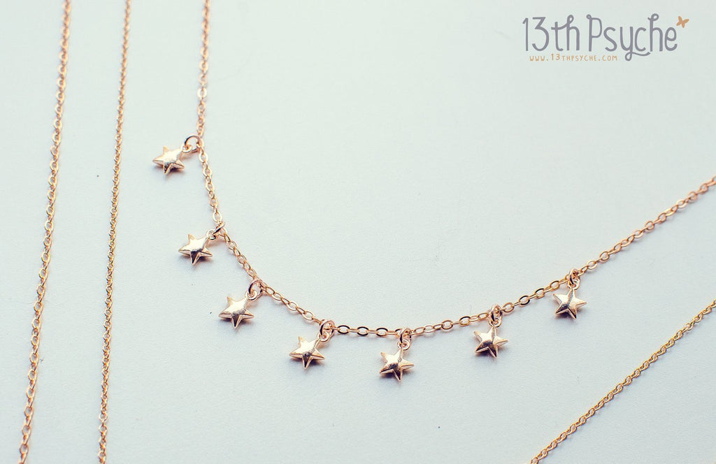 Handmade Moon, stars and quartz triple layered necklace set - 13th Psyche