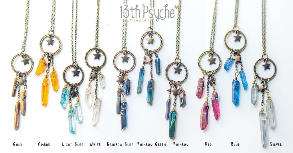 Handmade Dreamcatcher raw quartz crystal point pendant necklace - 13th Psyche