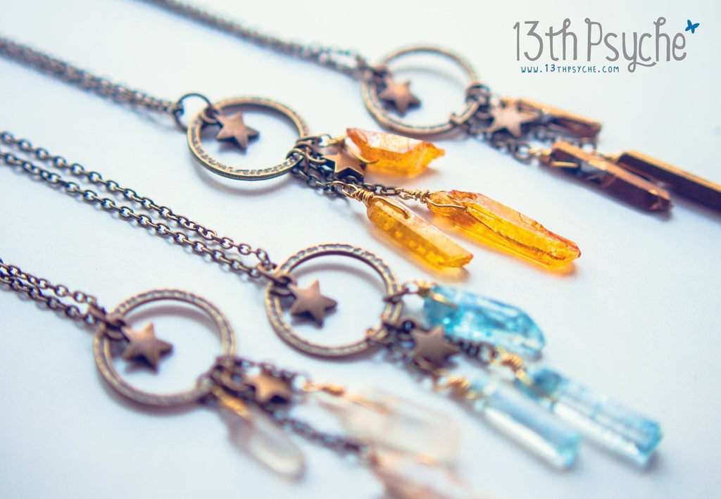 Handmade Dreamcatcher raw quartz crystal point pendant necklace - 13th Psyche