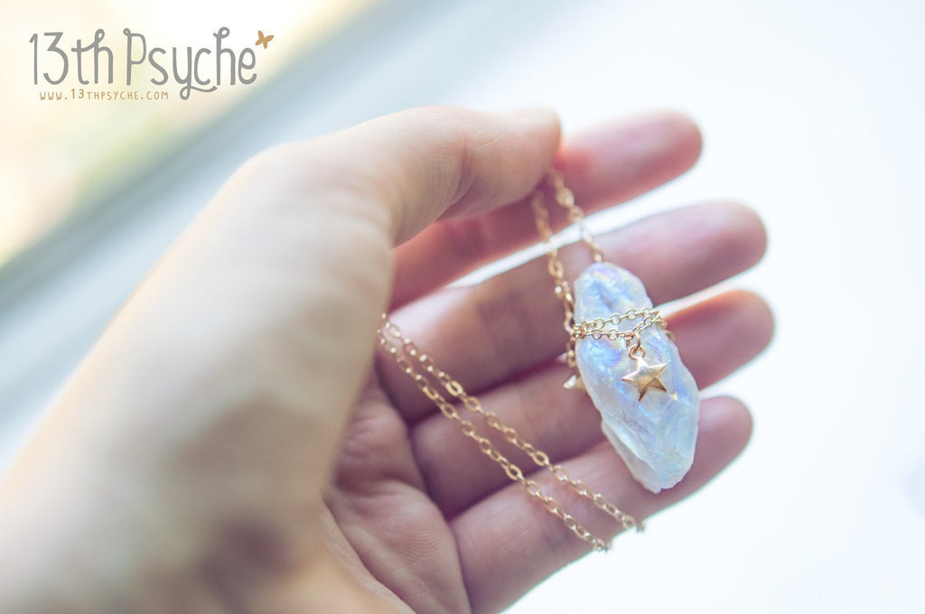 Handmade White raw quartz crystal necklace with gold stars - 13th Psyche