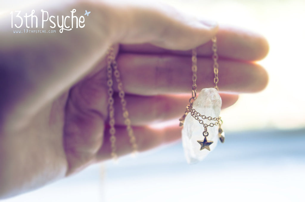 Handmade White raw quartz crystal necklace with gold stars - 13th Psyche