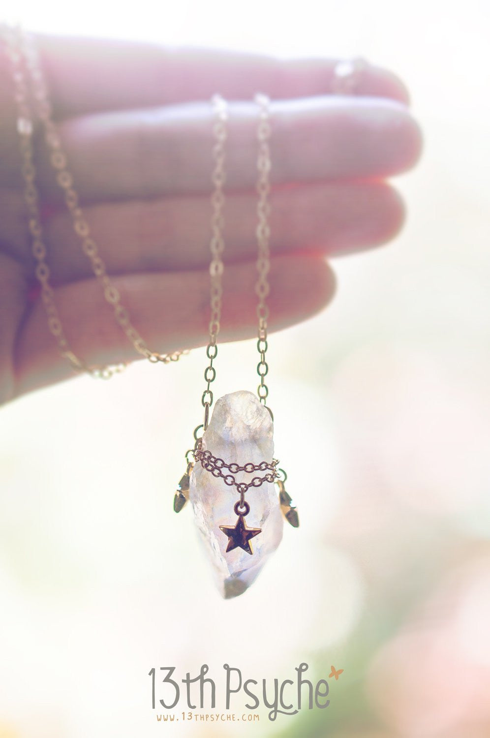 Handmade White raw quartz crystal necklace with gold stars - 13th Psyche