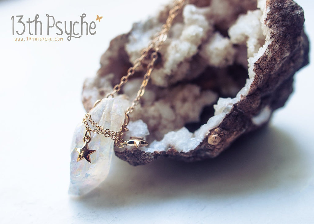 Handmade White raw quartz crystal necklace with gold stars - 13th Psyche
