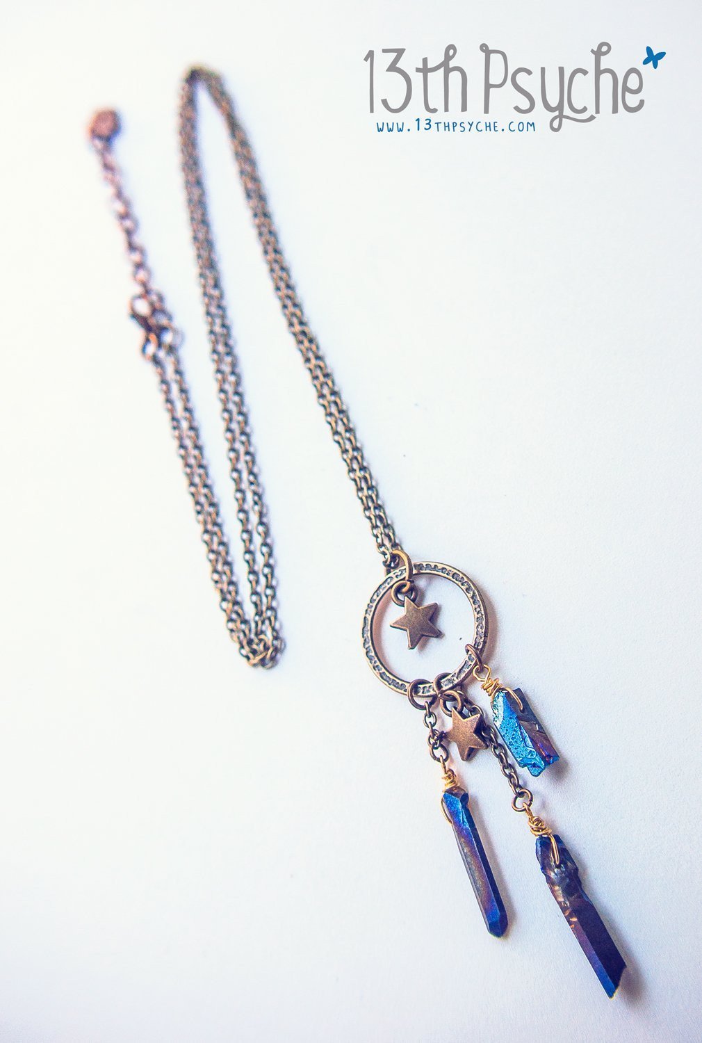 Handmade Dreamcatcher raw quartz crystal point pendant necklace - 13th Psyche