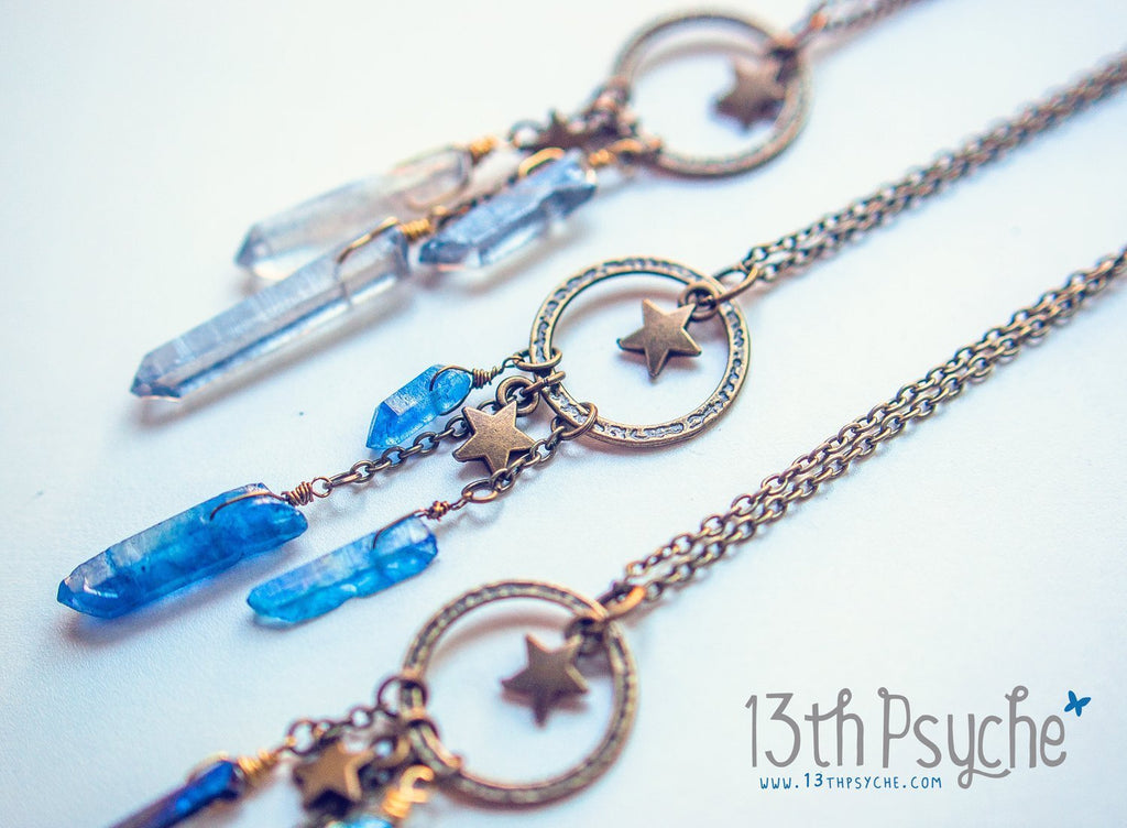 Handmade Dreamcatcher raw quartz crystal point pendant necklace - 13th Psyche