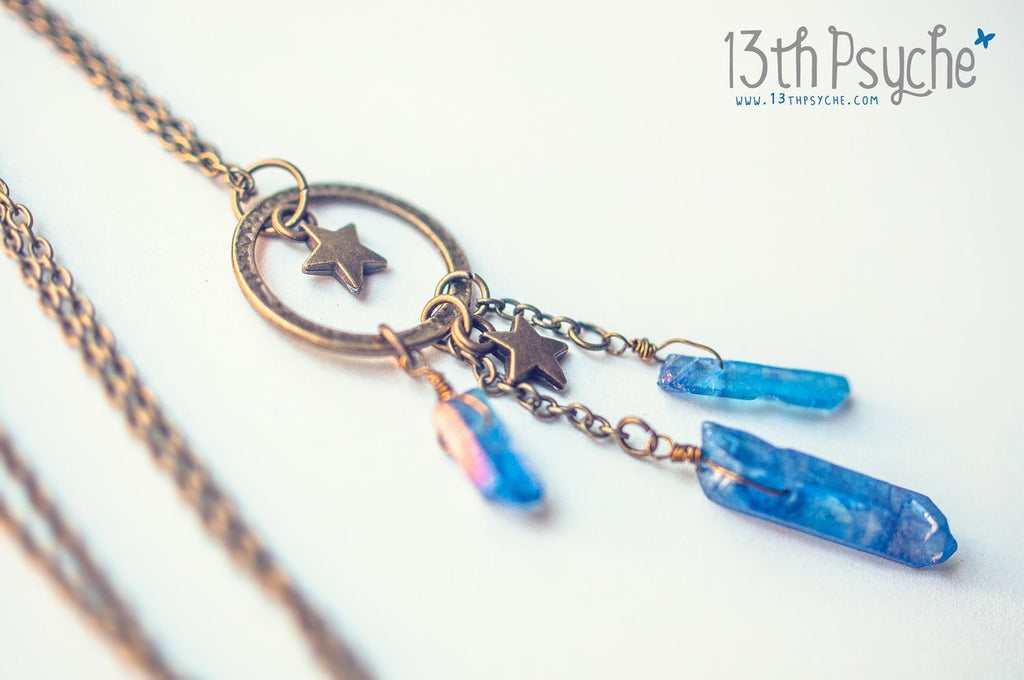 Handmade Dreamcatcher raw quartz crystal point pendant necklace - 13th Psyche