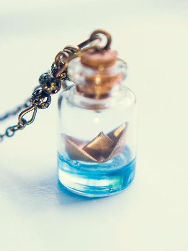 Handmade Golden origami paper boat bottle pendant necklace - 13th Psyche