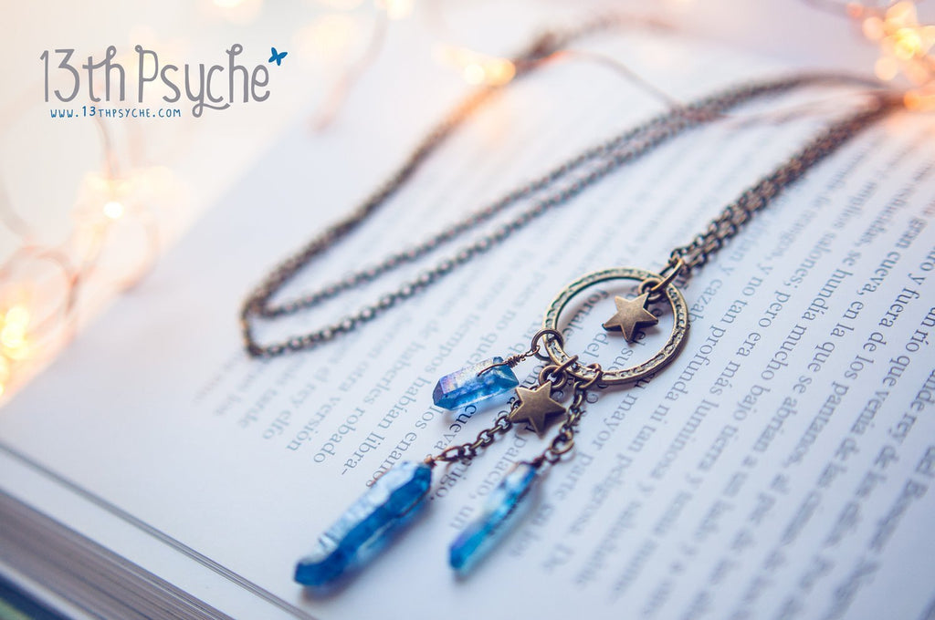 Handmade Dreamcatcher raw quartz crystal point pendant necklace - 13th Psyche