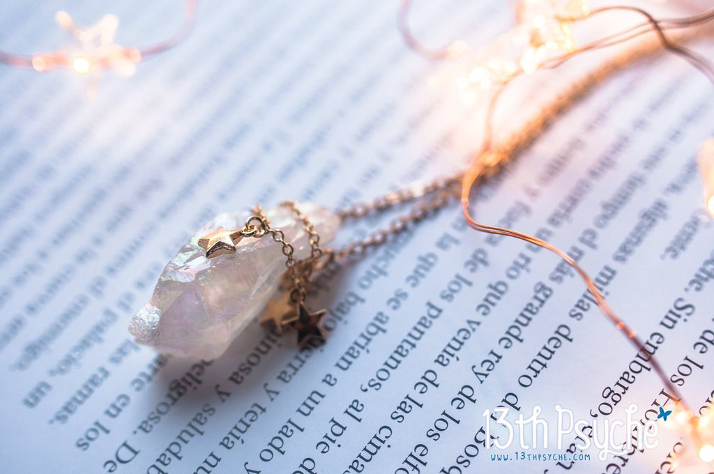 Handmade White raw quartz crystal necklace with gold stars - 13th Psyche