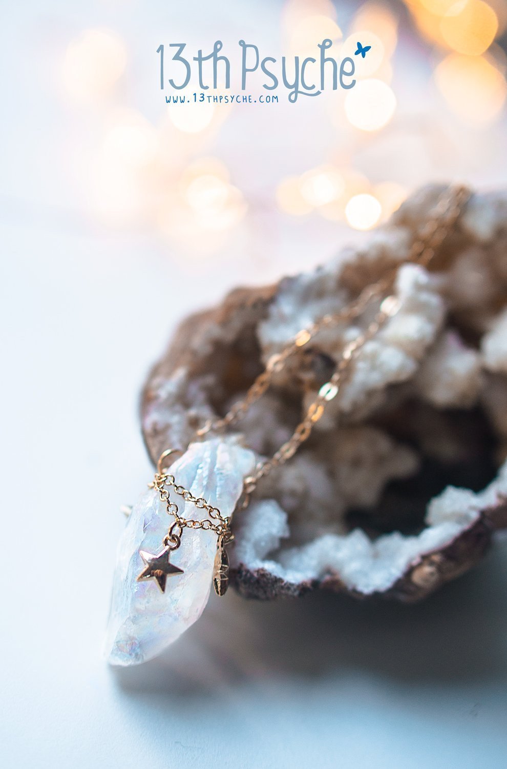 Handmade White raw quartz crystal necklace with gold stars - 13th Psyche
