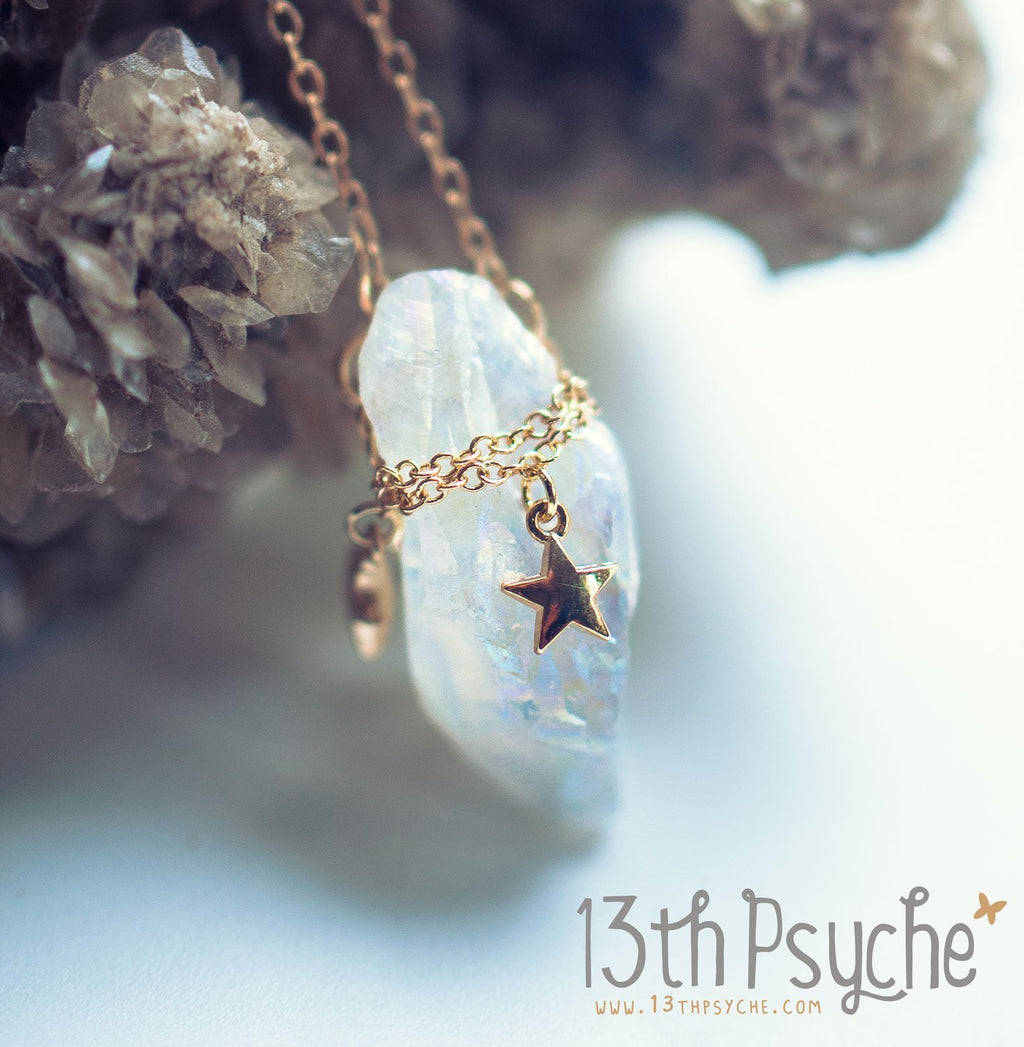 Handmade White raw quartz crystal necklace with gold stars - 13th Psyche