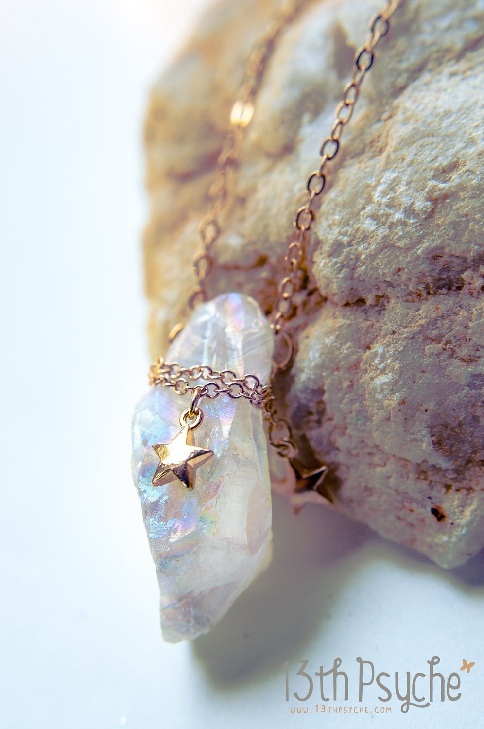 Handmade White raw quartz crystal necklace with gold stars - 13th Psyche