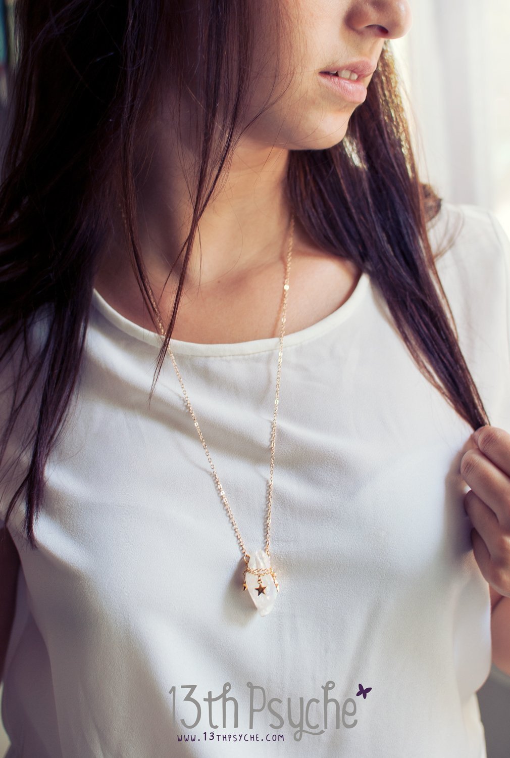 Handmade White raw quartz crystal necklace with gold stars - 13th Psyche