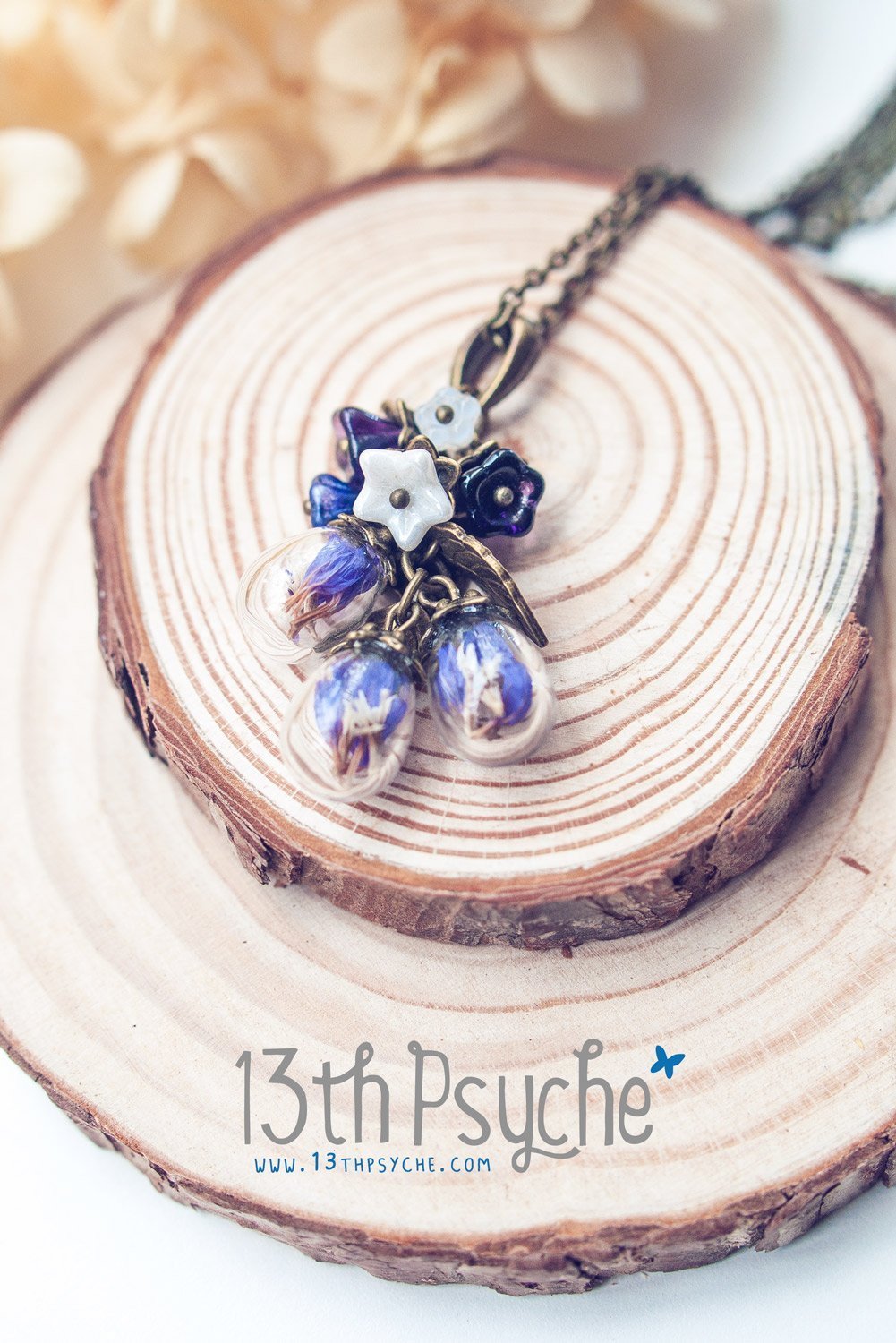 Handmade Real purple dried flowers orb bouquet necklace - 13th Psyche