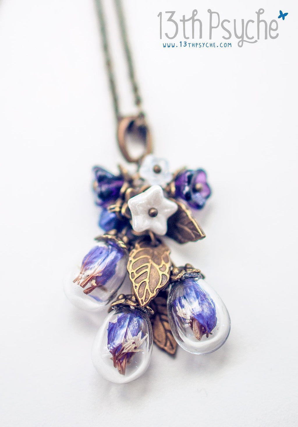 Handmade Real purple dried flowers orb bouquet necklace - 13th Psyche