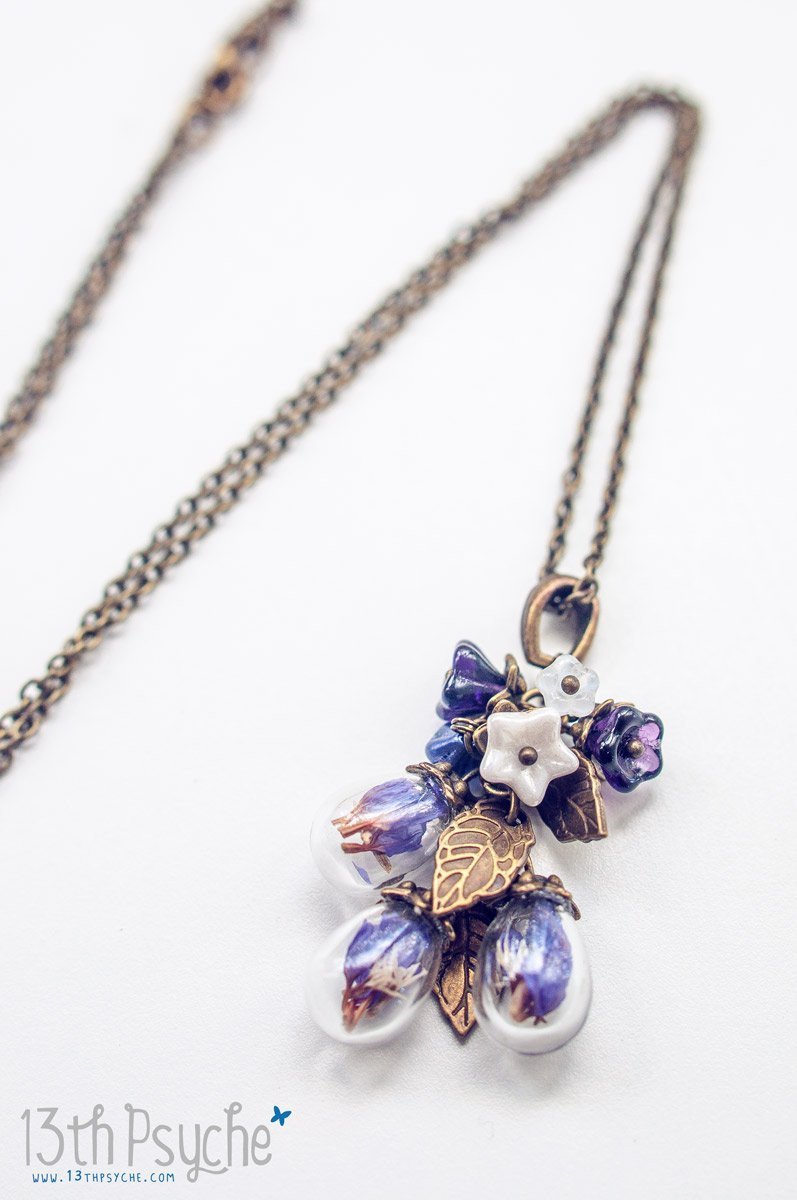 Handmade Real purple dried flowers orb bouquet necklace - 13th Psyche