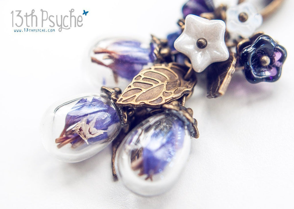 Handmade Real purple dried flowers orb bouquet necklace - 13th Psyche
