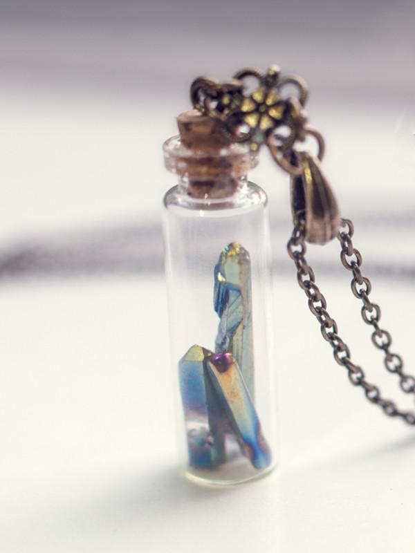 Handmade Glass vial pendant necklace with pointed crystal