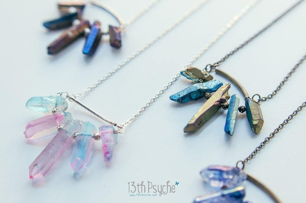 Handmade 5 raw quartz crystal point necklace - 13th Psyche